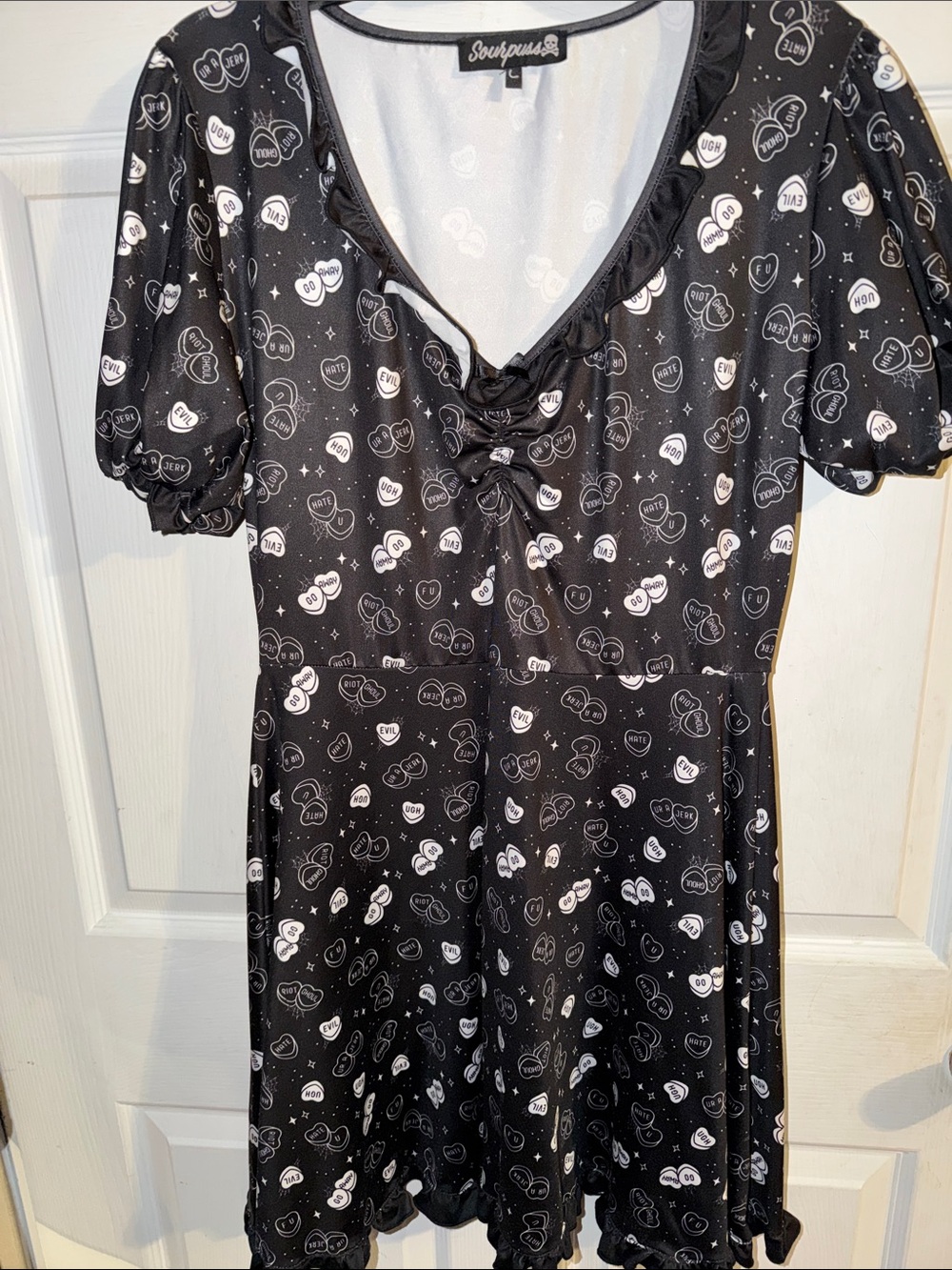 Sourpuss Black & White Conversational Heart Lace-Up Dress
